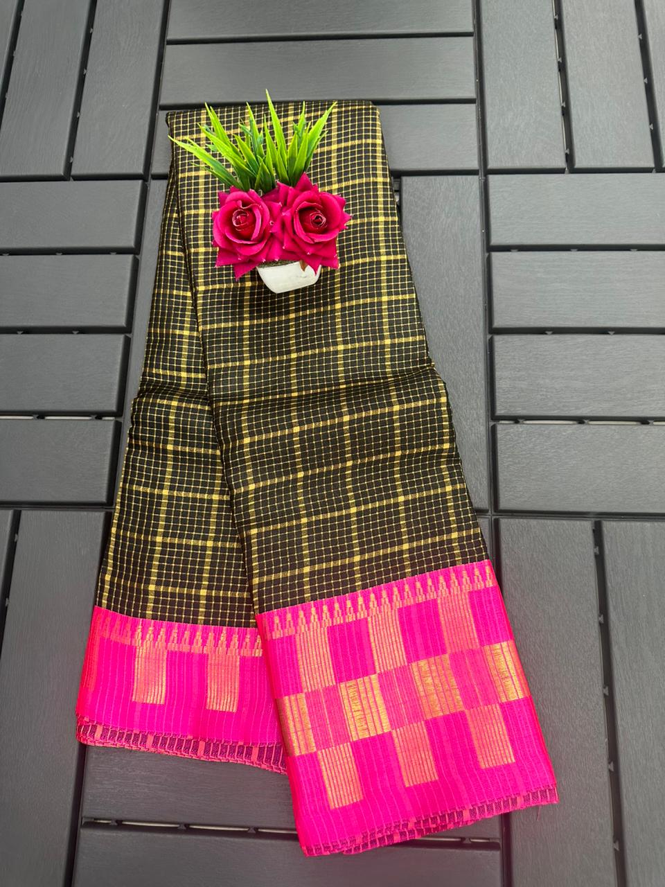 Aab Checks Pattern Printed Kanchipuram Silk Sarees